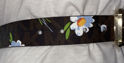 MICHAEL KORS BELT REVERSIBLE BROWN MK LOGO WITH FLOWER PRINT GOLD BUCKLE STYLE!