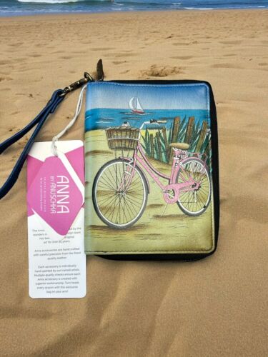 ANNA ANUSCHKA~BEACH DAY HAND-PAINTED  LEATHER~WRISTLET WALLET~ Handcrafted~ RARE
