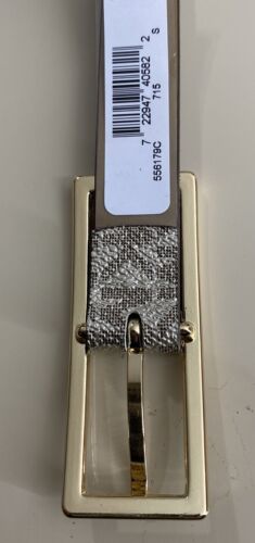 Michael Kors belt glittery gold printed MK logo gold rectangle buckle "Skinny" M