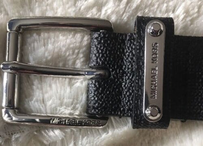 MICHAEL KORS BELT BLACK MK LOGO SILVER BUCKLE SILVER EYELETS MSRP $58
