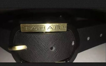 TAHARI BELT UNISEX BLACK TEXTURED FAUX LEATHER LOGO BUCKLE MSRP $40
