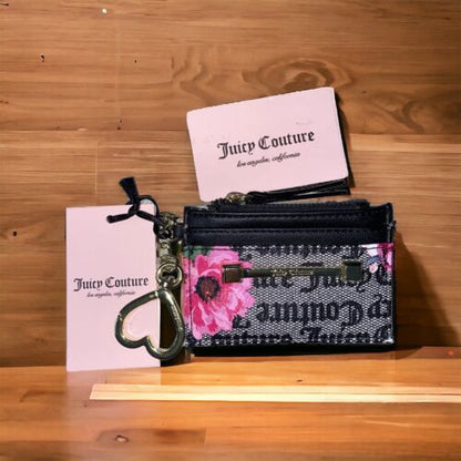 JUICY COUTURE PETAL STAT BLACK WORD ON THE STREET CARD CASE KEY~RING WALLET~WOW