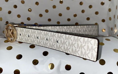 MICHAEL KORS BELT REVERSIBLE WHITE BLUE FLORAL/WHITE MK LOGO GOLD BUCKLE SUPER!!