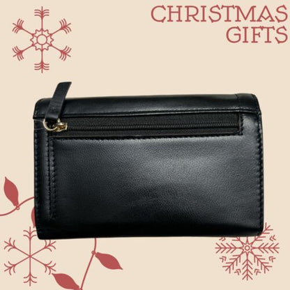 LODIS Ella Medium Flap Trifold Wallet~ Glaze Leather Genuine~ Black~UNIQUE