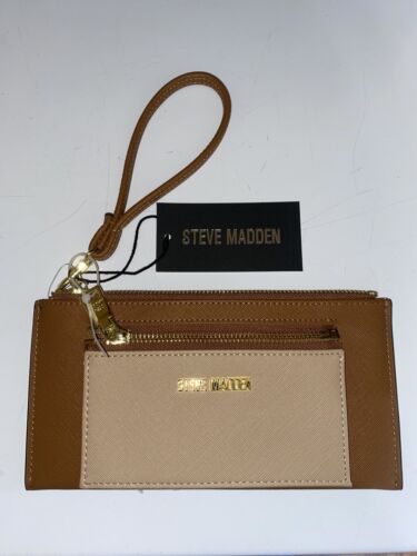 STEVE MADDEN WALLET WRISTLET DETACHABLE CREDIT CARD HOLDER COGNAC/ BLUSH