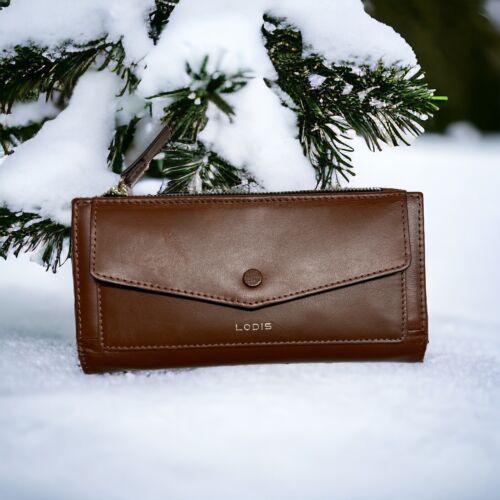 LODIS Long Slim Bifold Wallet Cognac Brown Leather  4''x 7.5'' Card Case~UNIQUE