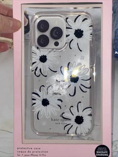 Kate Spade iPhone Case 13 Pro Floral White/Black Floral Rhinestones BEAUTIFUL!