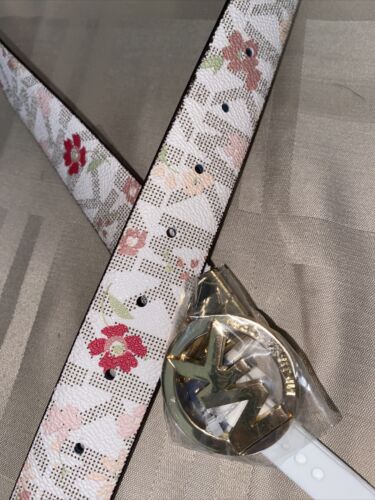 Michael Kors Belt Reversible Print Logo Vanilla Floral&Pink Gold~Tone MK Buckle❤