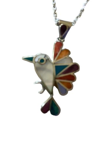 PERUVIAN Hummingbird Pendant Necklace & Earring Set Multicolor Stones 950 Purity