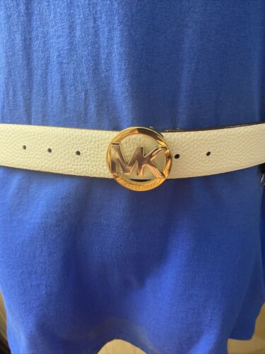 MICHAEL KORS BELT REVERSIBLE WHITE TO BROWN TUTONE BUCKLE SILVER AND GOLD SIZE L