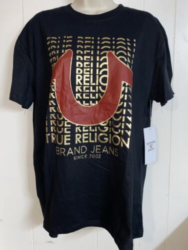 True Religion Gold Script Horseshoe Logo Black Loungewear Tee Shirt Large