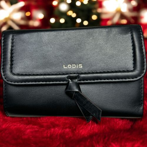 LODIS Ella Medium Flap Trifold Wallet~ Glaze Leather Genuine~ Black~UNIQUE
