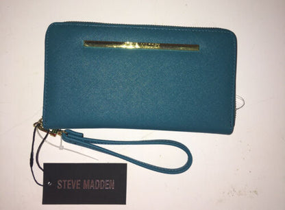 STEVE MADDEN WALLET WRISTLET TEAL BLUE SMOOTH TEXTURED GOLD ZIPPER