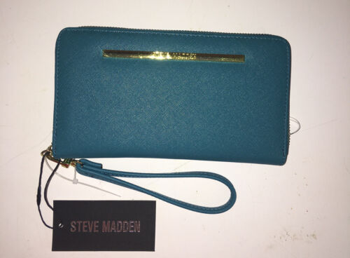 STEVE MADDEN WALLET WRISTLET TEAL BLUE SMOOTH TEXTURED GOLD ZIPPER