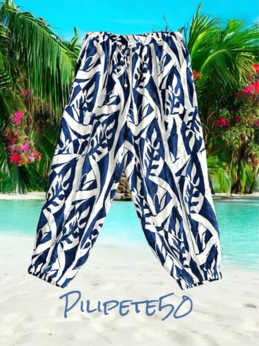 Rachel Zoe Balloon Tapered Legs Pants Geometric Blue & White~Linen/Rayon Blend