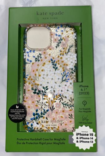 Kate Spade Phone Case For  iPhone 13-14-15 Floral With Rinestones Gold Foil Nice