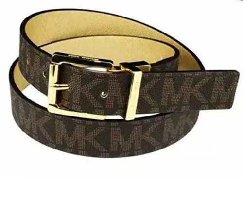 MICHAEL KORS BELT REVERSIBLE BROWN  MK LOGO TO TEXTURED GOLD WITH GOLD BUCKLE