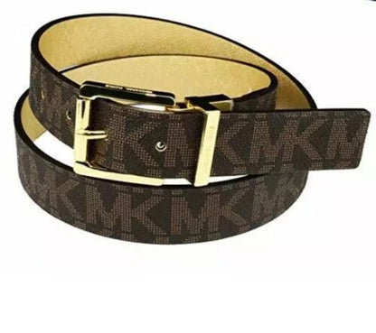 MICHAEL KORS BELT REVERSIBLE BROWN  MK LOGO TO TEXTURED GOLD WITH GOLD BUCKLE