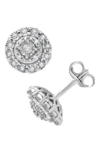 Diamond Halo Cluster Stud Earrings (1/10 ct. t.w.) in Sterling Silver NEW