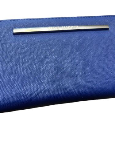 STEVE MADDEN WALLET WRISTLET MIDNIGHT BLUE SMOOTH TEXTURED SILVER ZIPPER~UNIQUE!