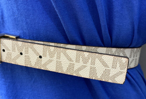 Michael Kors Belt Reversible Brown to Vanilla Large MK Logo Gold Buckle Large