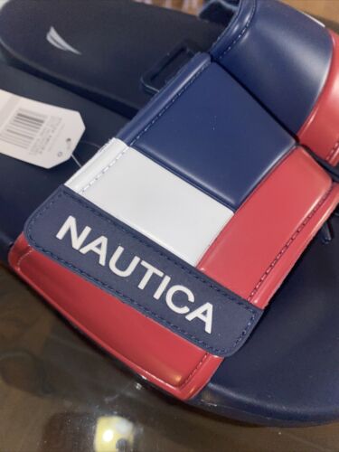 Nautica Bower Athletic Adjustable Slides Sandals, Mens Size 10, Navy White & Red
