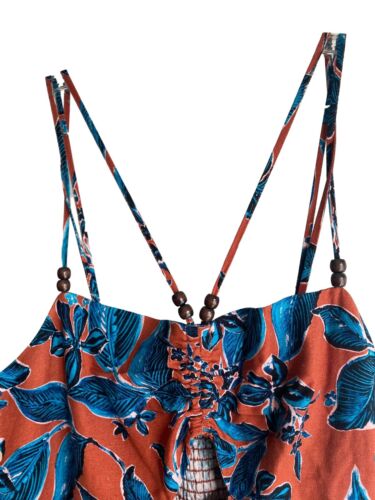 JASON WU Copper Turquoise Blue Floral Print Smocked Cut-Out Linen Midi Dress~ L
