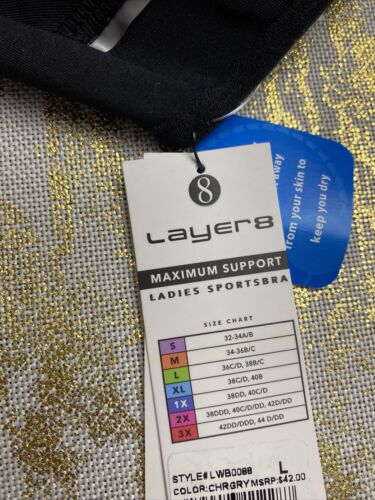 LAYER 8 MAXIMUM SUPPORT SIZE LARGE SPORT BRA FITTED Bl/SilverFront Zipper-NEW