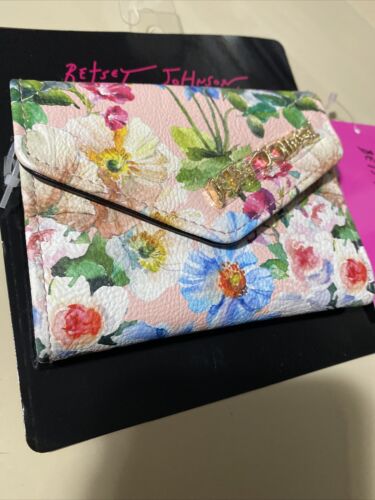 Betsey Johnson Peggable Card Case Flap Snap On Wallet FLORAL-Gold Hardware CUTE!