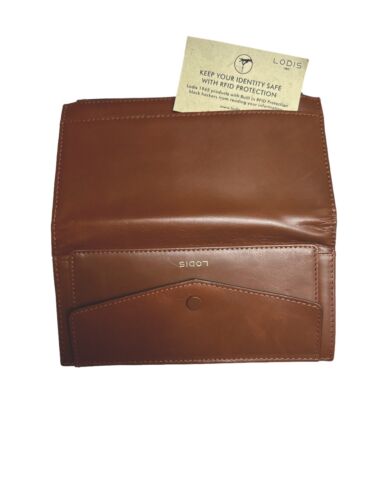 LODIS Long Slim Bifold Wallet Cognac Brown Leather  4''x 7.5'' Card Case~UNIQUE