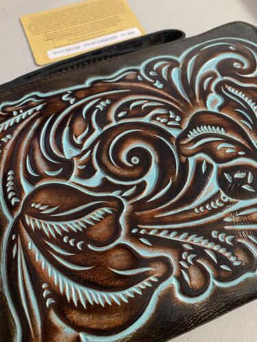 PATRICIA NASH~CASSINI~Leather Wristlet Turquoise TOOLED ~Style P87113~REAR FIND
