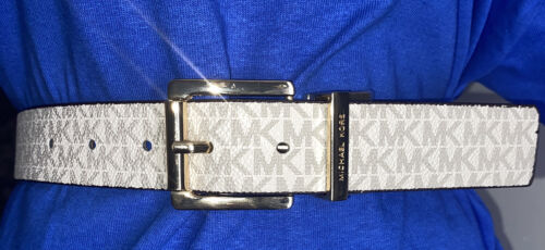 Michael Kors Belt Reversible Brown to Vanilla MK Logo Both Sides Gold Buckle
