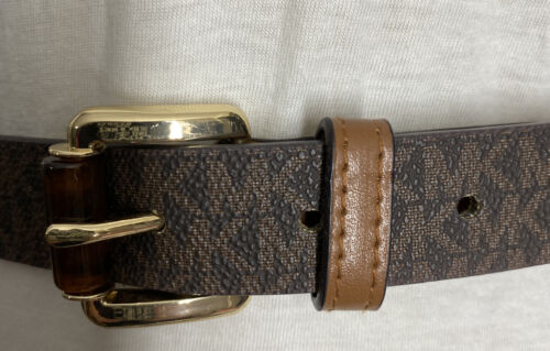 MICHAEL KORS BELT BROWN WITH PRINTED MK LOGO WITH TAN BELT LOOP AND GOLD BUCKLE