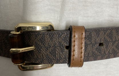 MICHAEL KORS BELT BROWN WITH PRINTED MK LOGO WITH TAN BELT LOOP AND GOLD BUCKLE