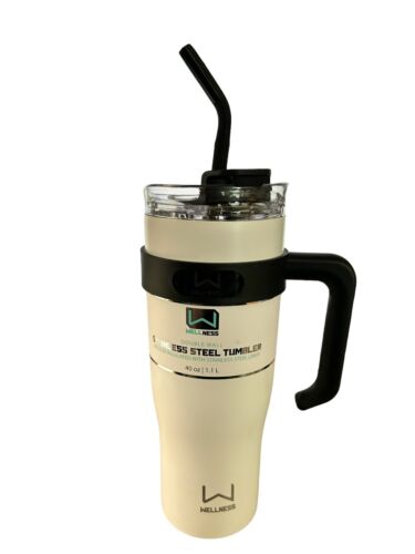 Wellness Double Wall Stainless Steel WhiteTumbler Black Handle & Straw~40oz~NEW