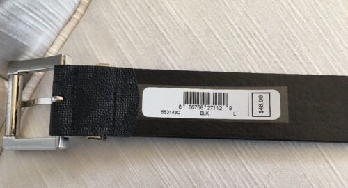 MICHAEL KORS BELT BLACK WITH LARGE PRINTED MK LOGO SILVER BUCKLE LARGE MSRP $48