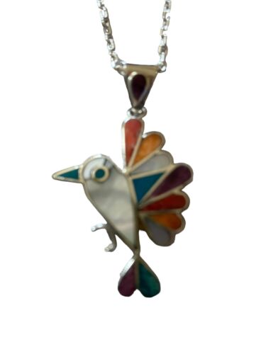 PERUVIAN Hummingbird Pendant Necklace & Earring Set Multicolor Stones 950 Purity