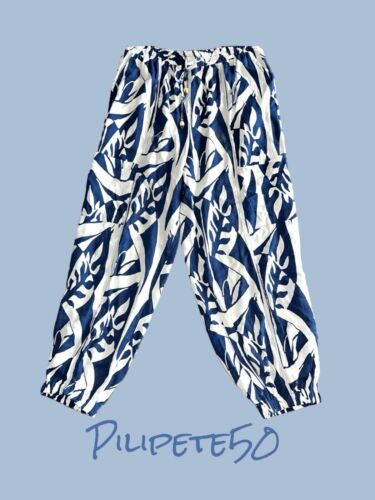 Rachel Zoe Balloon Tapered Legs Pants Geometric Blue & White~Linen/Rayon Blend