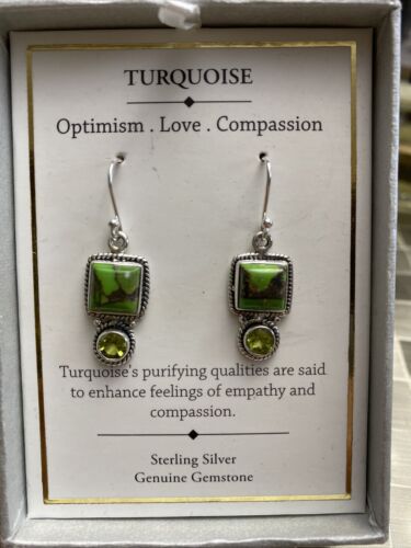 SHIVAM .925 STERLING SILVER TURQUOISE EARRINGS GENUINE GEMSTONE ROUND DANGLE NIB