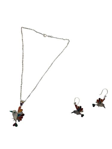PERUVIAN Hummingbird Pendant Necklace & Earring Set Multicolor Stones 950 Purity