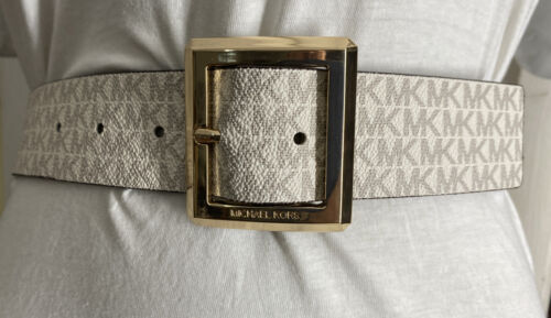 MICHAEL KORS BELT WHITE MK LOGO GOLD BUCKLE SIZE LARGE "CLASSY" MSRP $42.00