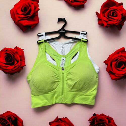 90 Degree By Reflex High Perform~Full Support Sport Bra 2 Set~Green&White~Large