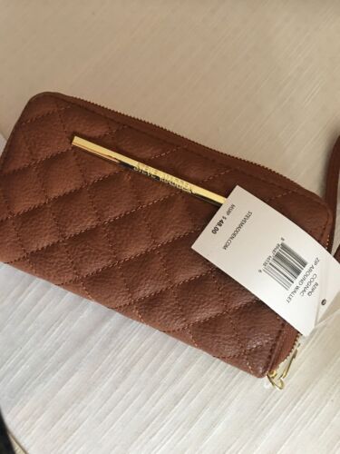 STEVE MADDEN WALLET WRISTLET COGNAC DIAMOND QUILTED SOFT FAUX LEATHER
