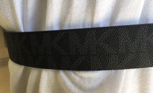 MICHAEL KORS BELT BLACK WITH LARGE PRINTED MK LOGO SILVER BUCKLE LARGE MSRP $48