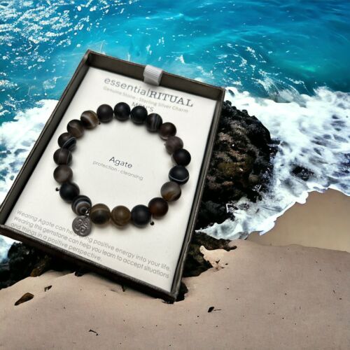 essentialRITUAL AGATE Genuine Stone Bracelet~Protection, Cleansing~Silver Charm