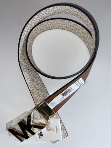 MICHAEL KORS BELT VANILLA/LUGGAGE XL PRINTED MK LOGO WITH GOLD MK LOGO BUCKLE