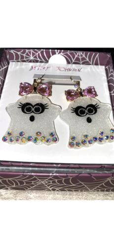 HALLOWEEN~ Betsey Johnson Acrylic Girl Ghost With Pink Crystal Bow Drop Earrings