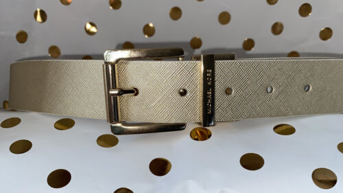 MICHAEL KORS WOMEN'S BELT~REVERSIBL WHITE TO METALLIC GOLD MK LOGO W/GOLD BUCKLE