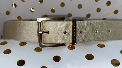 MICHAEL KORS WOMEN'S BELT~REVERSIBL WHITE TO METALLIC GOLD MK LOGO W/GOLD BUCKLE