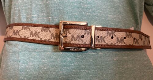 MICHAEL KORS BELT REVERSIBLE CREAM LUGGAGE LEATHER MK LOGO GOLD BUCKLE